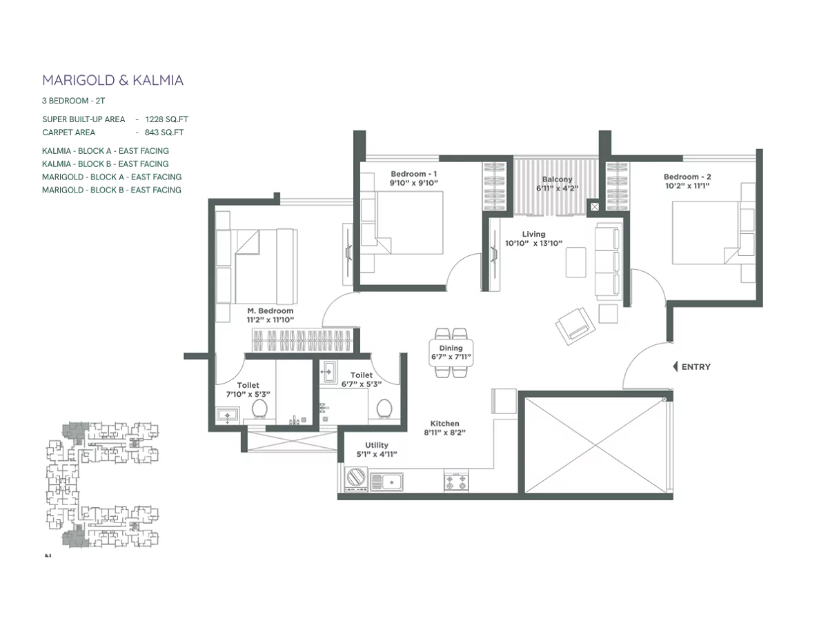 Embassy Verde 3 BHK Floor Plan